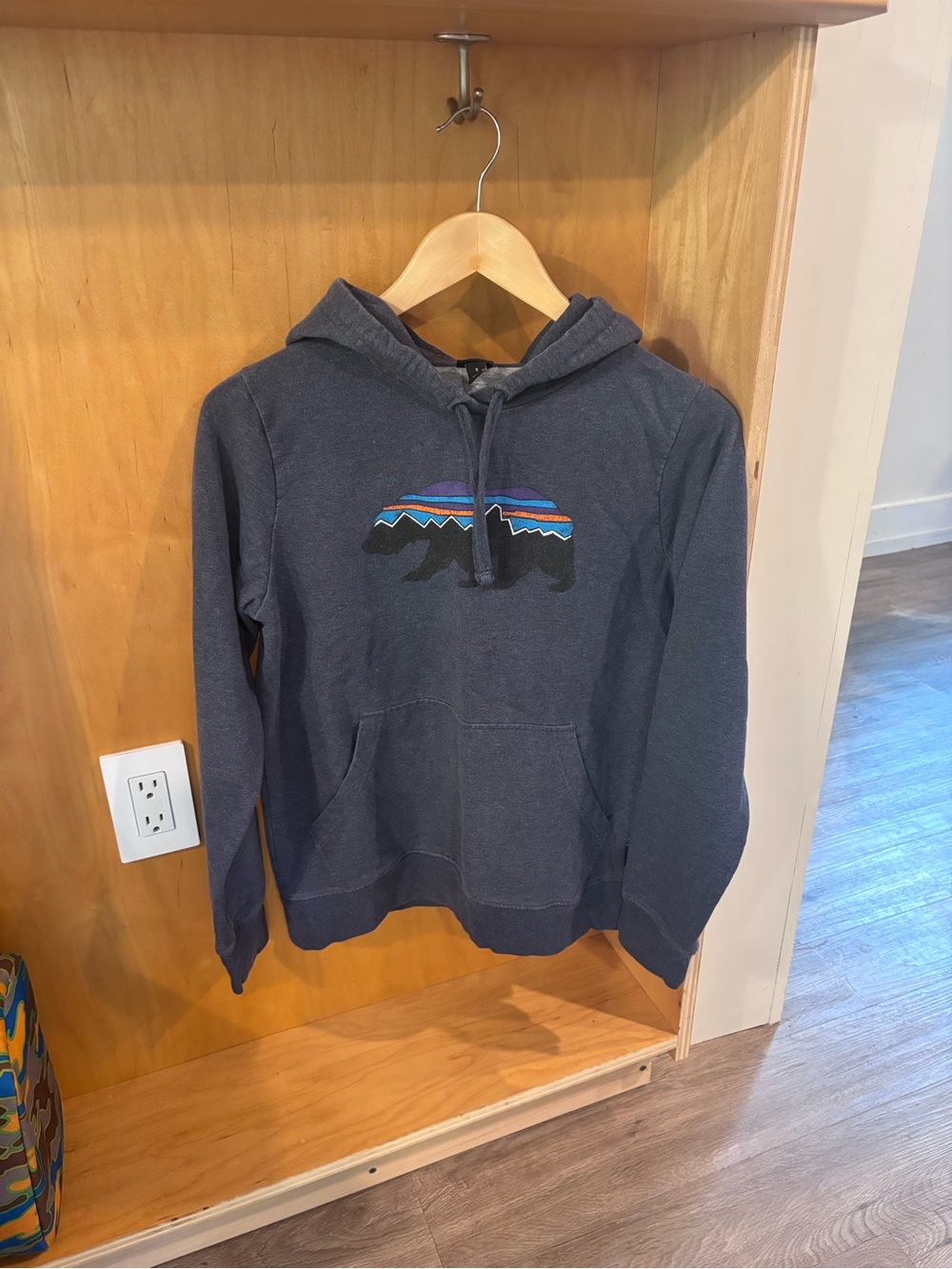 Patagonia Womems Small Charcoal Hoodie with Multicolor Bear Graphic